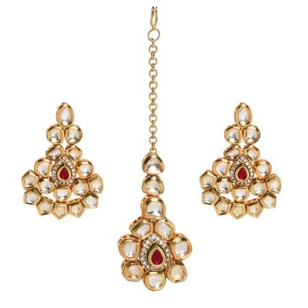 Mirror Stone Earrings and Maang Tikka Set with Ruby Accent